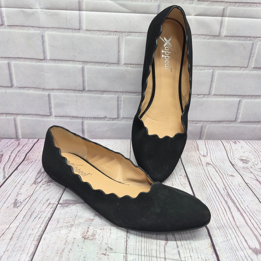 Xappeal Amanda Black Scalloped Ballet Flats Pointed Toe Shoes 7M 121060